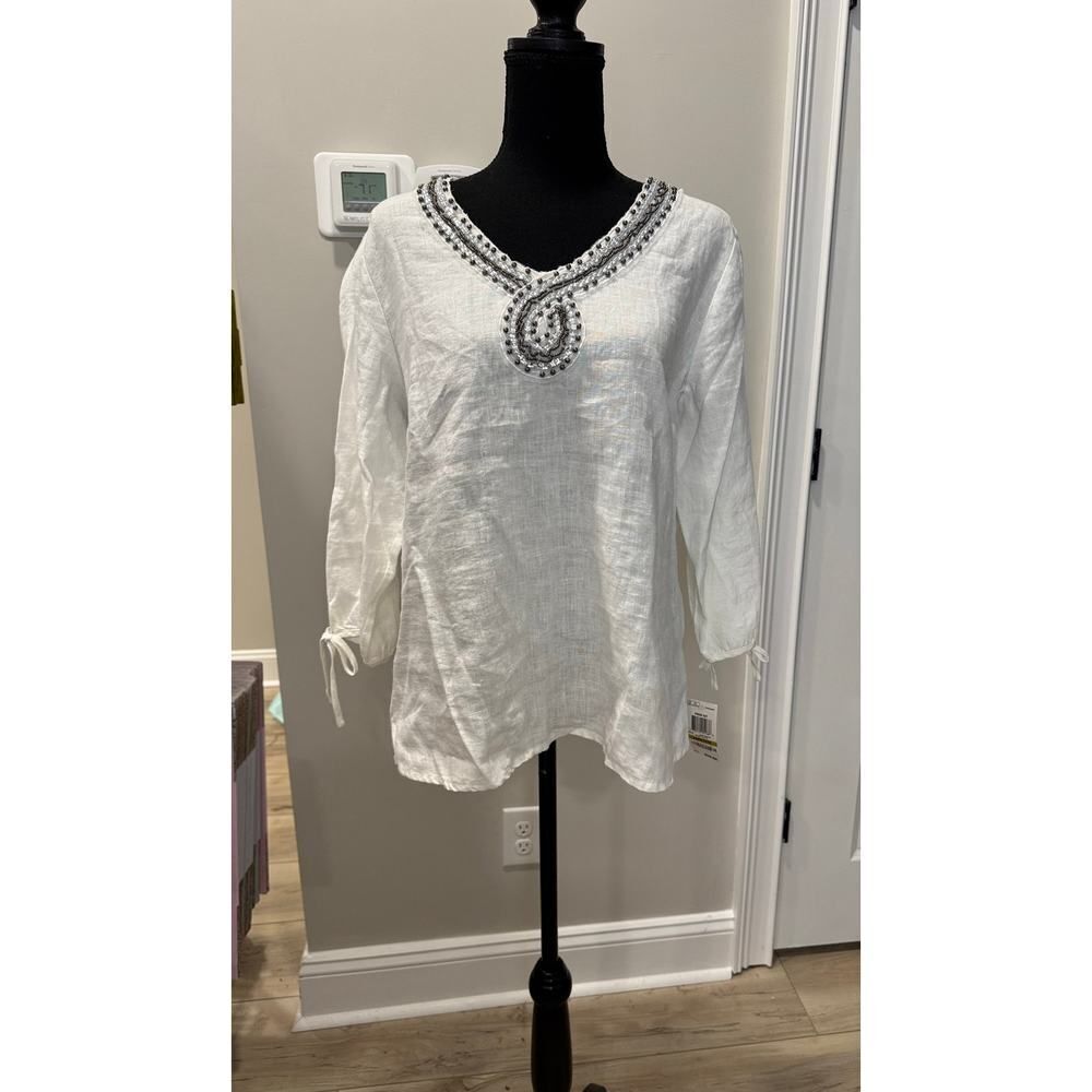 NWT JM Collection Petite 100% Linen Bejeweled Embellished Tunic Shirt - 14P - Picture 1 of 8